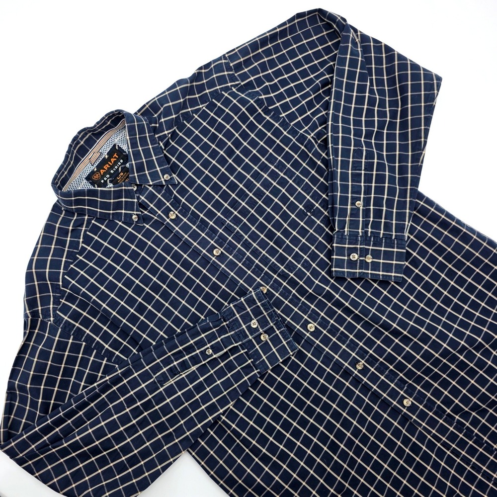 Ariat Pro Series Mens Large Navy Blue Tan Grid Plaid Button Down Shirt 10009693